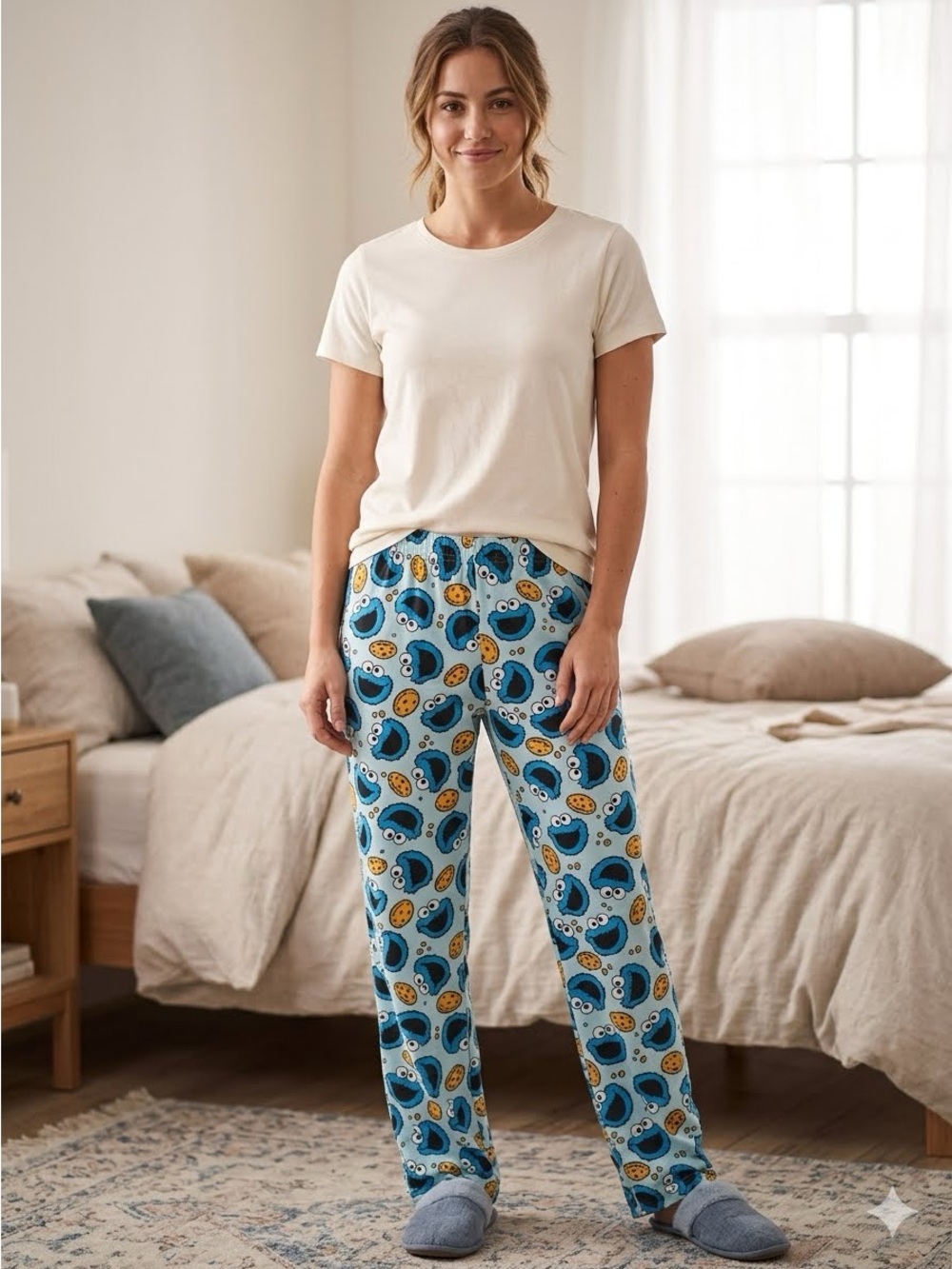 Women's Cookie Monster Pajama Pants Lounge Blue Medium Lightweight Sesame Street